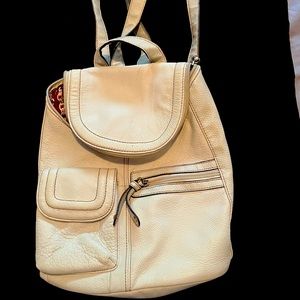 leather backpack cream color classic looking multipockets lightweight